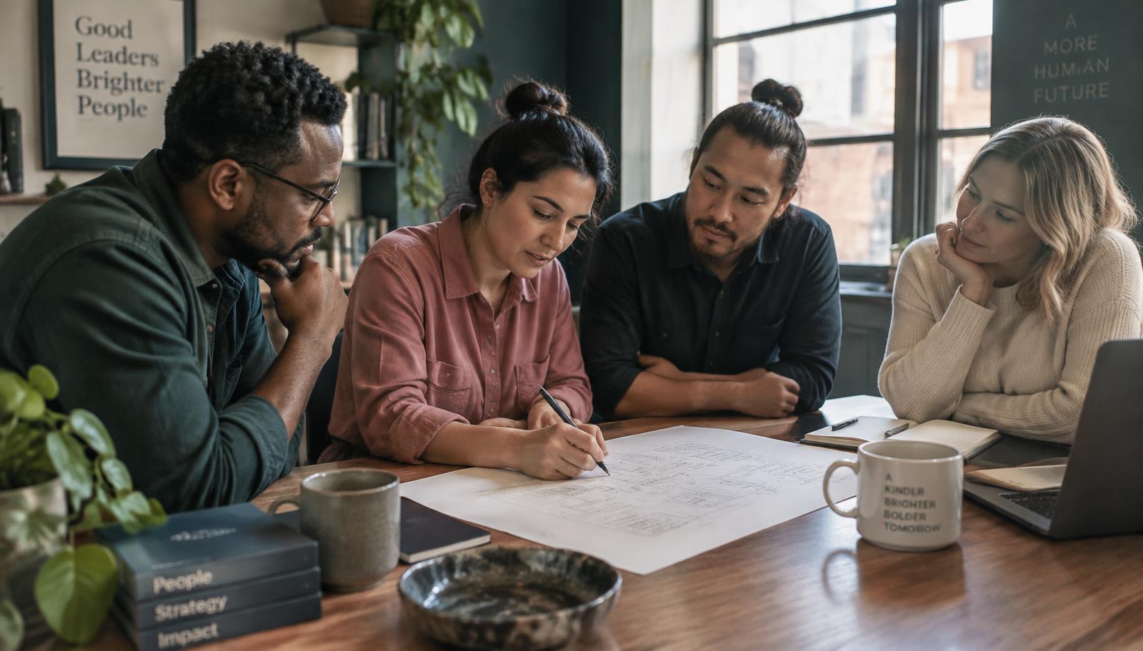 A small team gathered around a table, working through a plan together